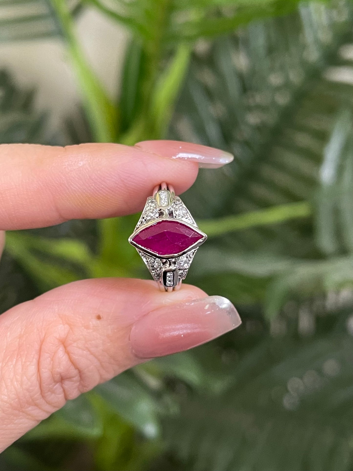 Art Deco Style 1.6ct Natural Marquise cut Ruby & Diamond Ring
