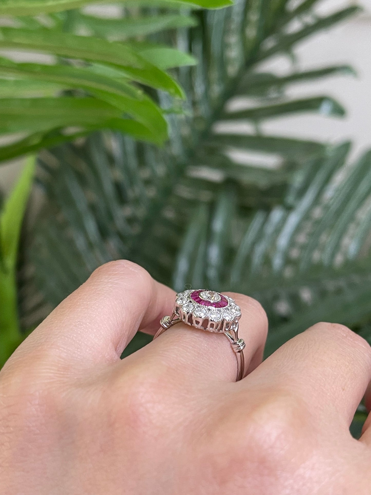 Art Deco Inspired Old Cut Damond & Ruby Ring In 14ct White Gold
