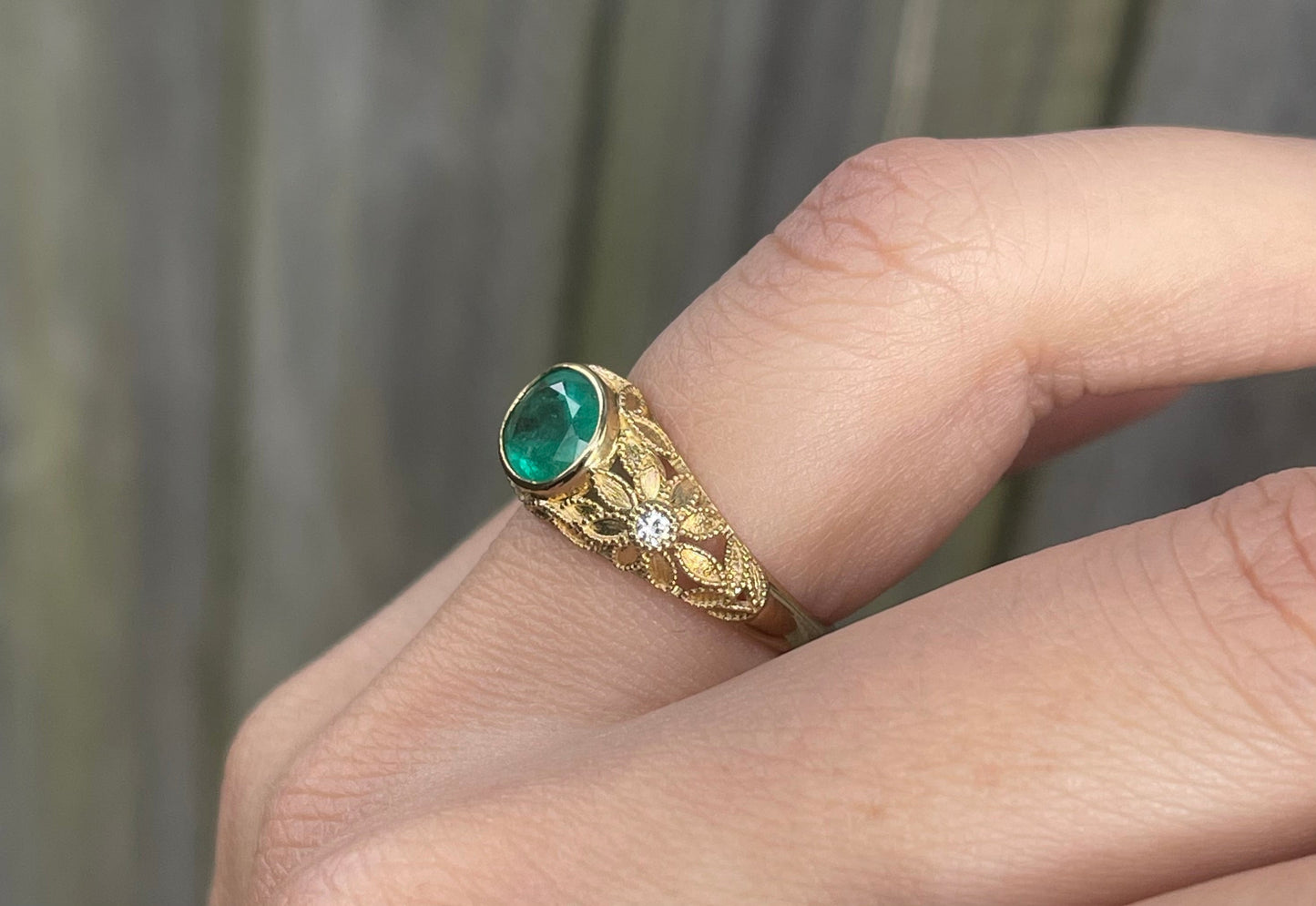Victorian Inspired 1.35ct Emerald Filigree Ring with diamonds In 9ct Yellow Gold