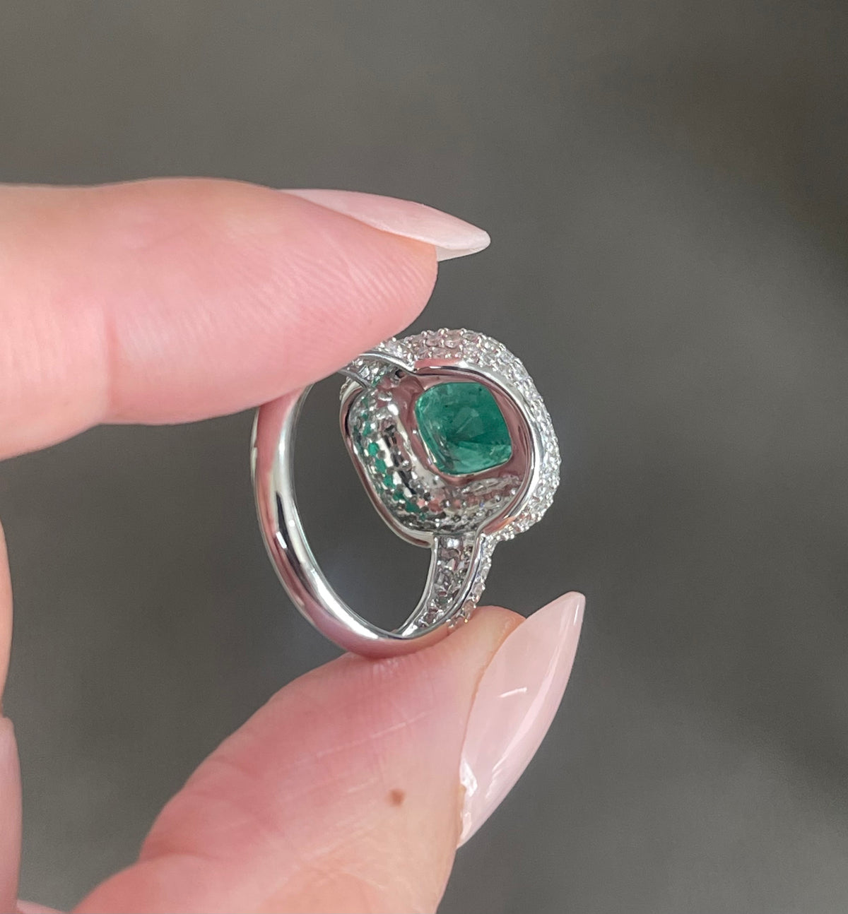 Natural Emerald Diamond Ring in 14ct White Gold