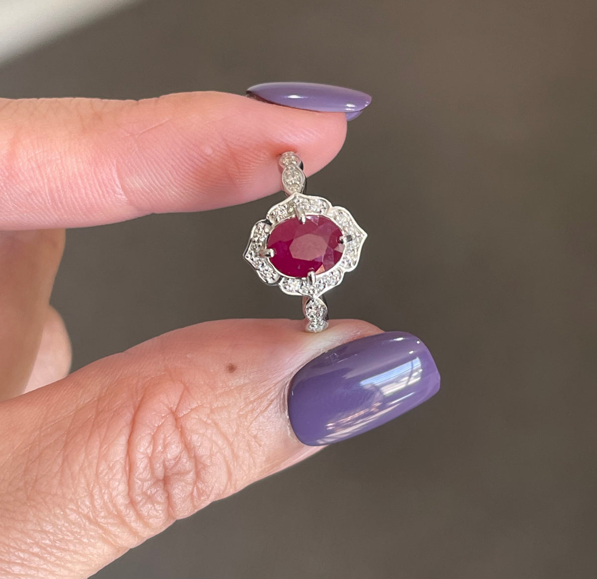 Art Deco Inspired Natural Ruby Diamond Ring In 14ct White Gold