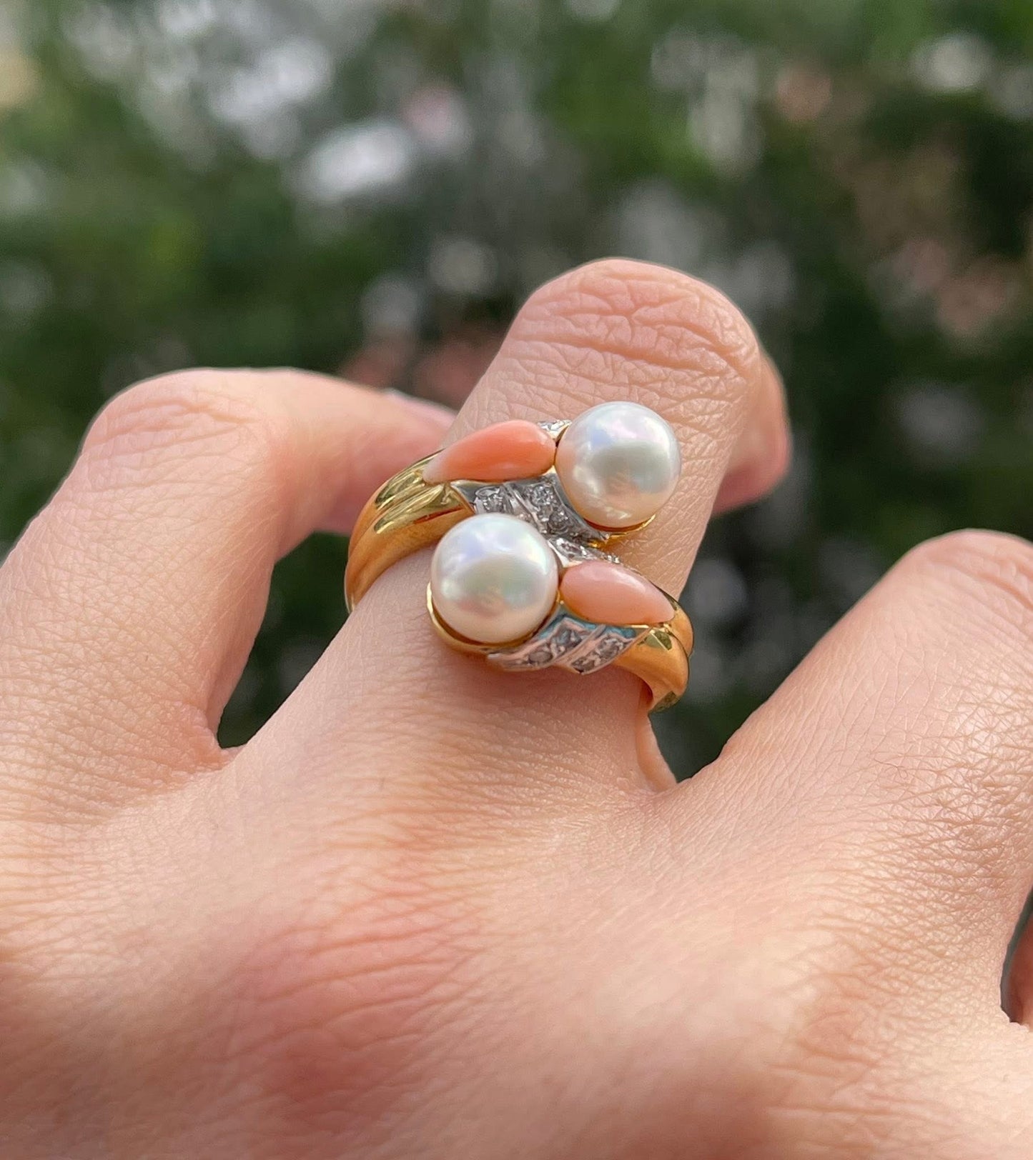 Twin flame vintage 18ct Yellow Gold Japanese Akoya Pearl, Pink Coral Shell & Diamond Ring