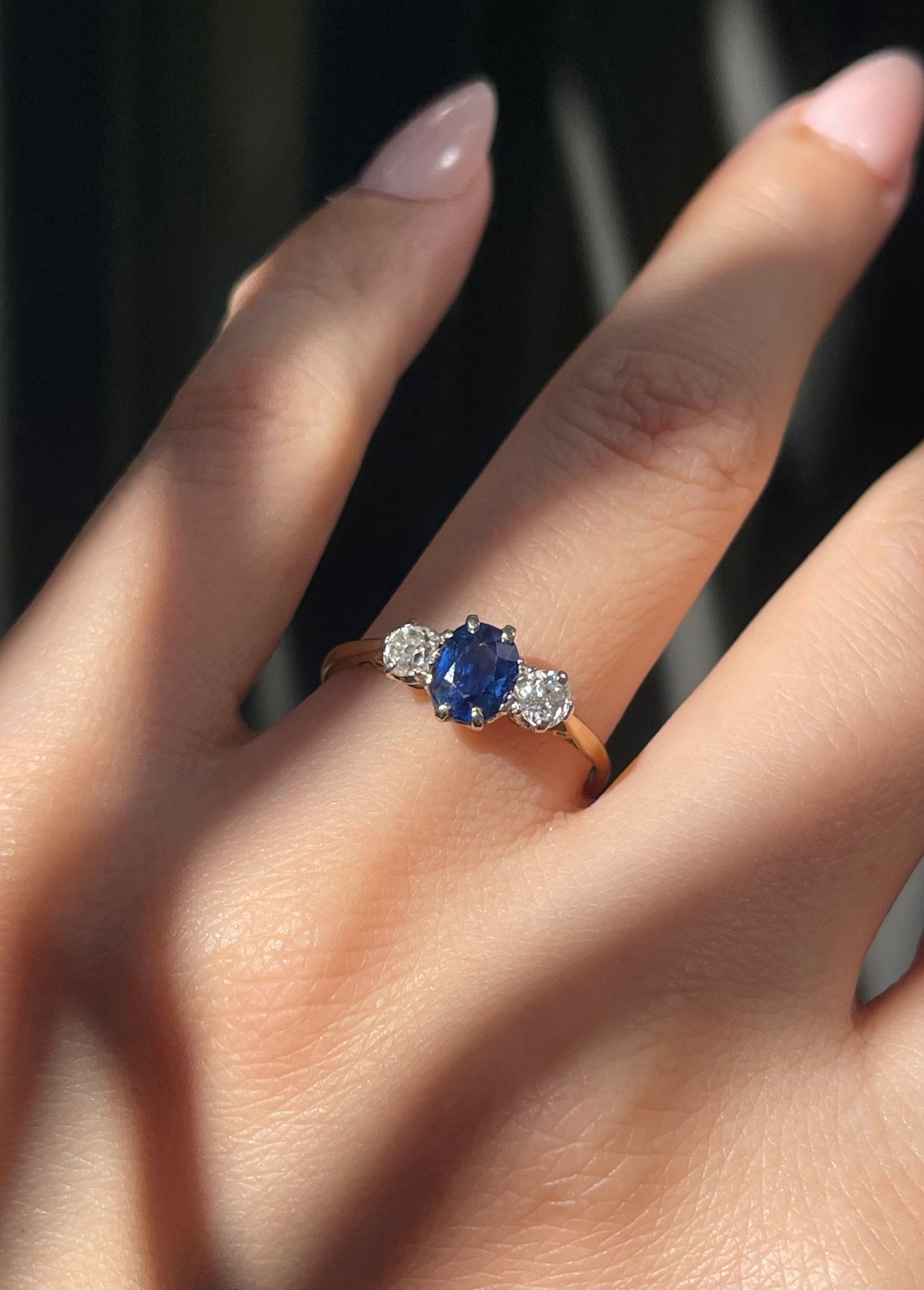 Antique Natural Ceylon Sapphire Old Cut Diamond Trilogy Ring In 18ct Yellow Gold & Platinum