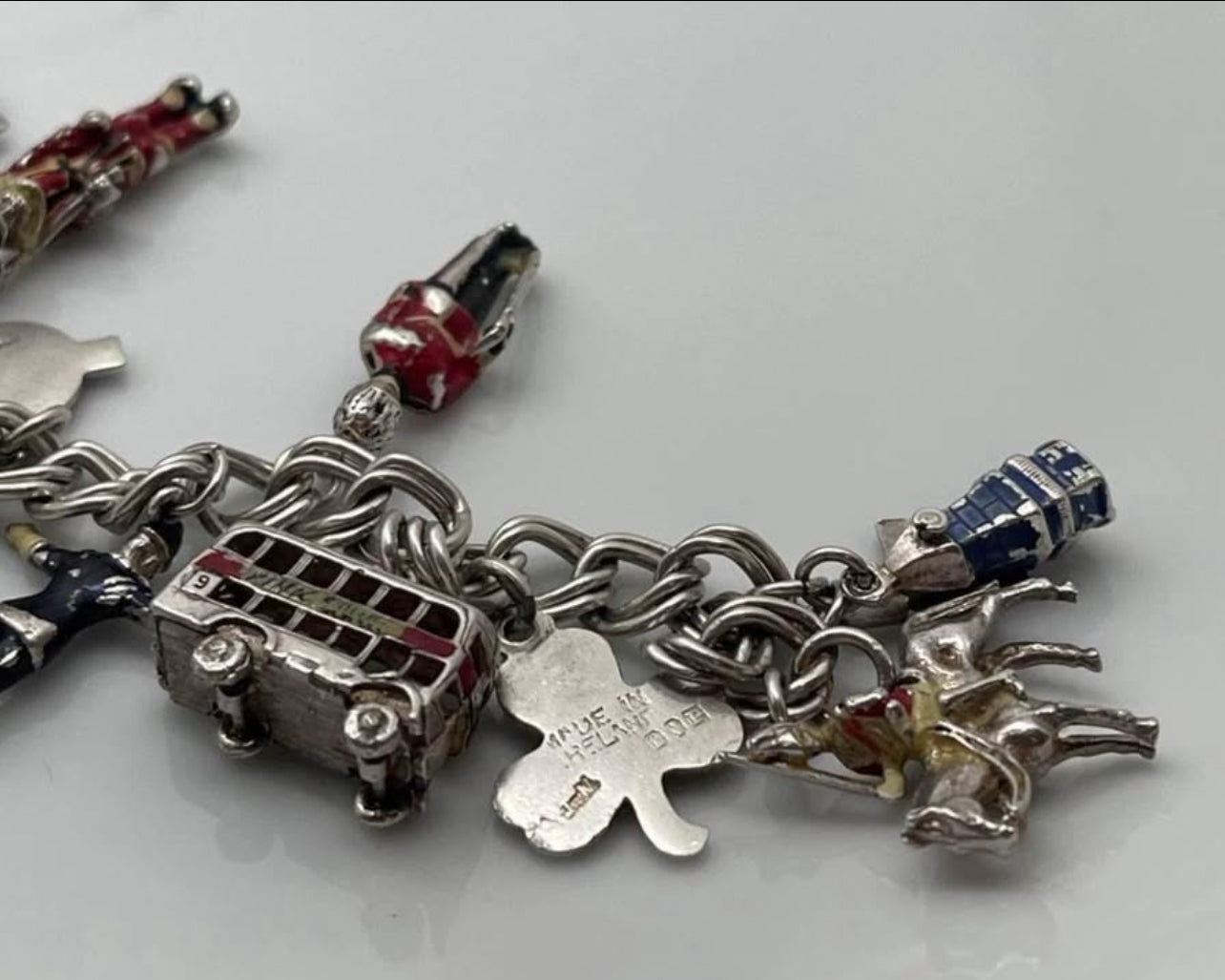 42g vintage sterling silver doubel curb link enamel charm bracelets