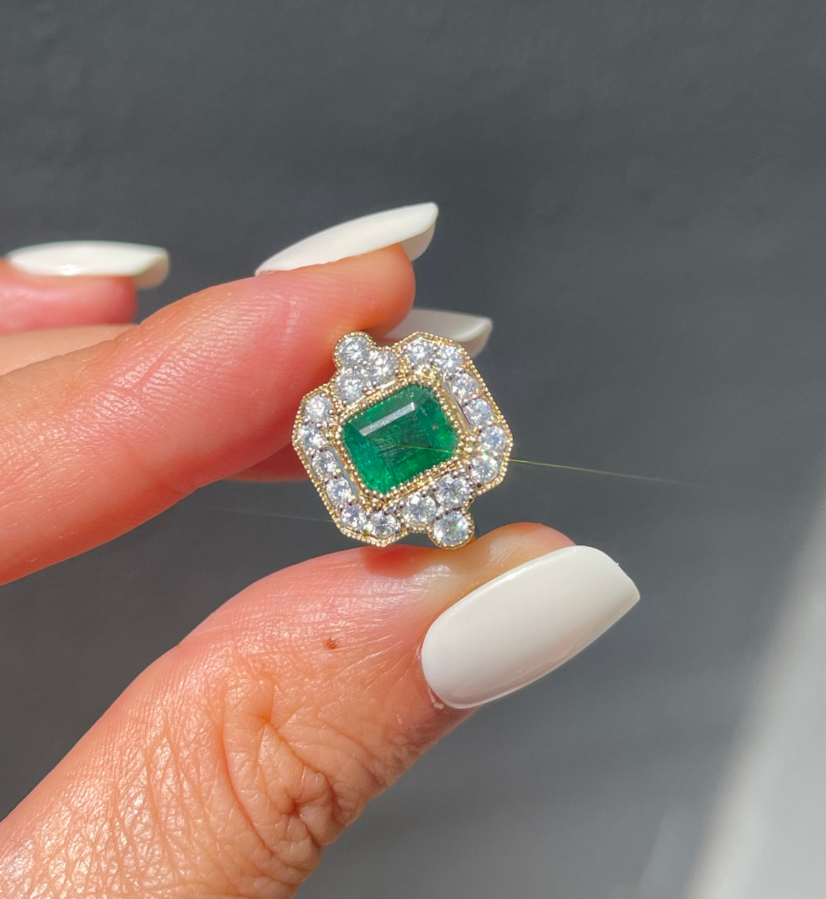 Natural Emerald Diamond Ring In 14ct Yellow Gold - Art Deco Style