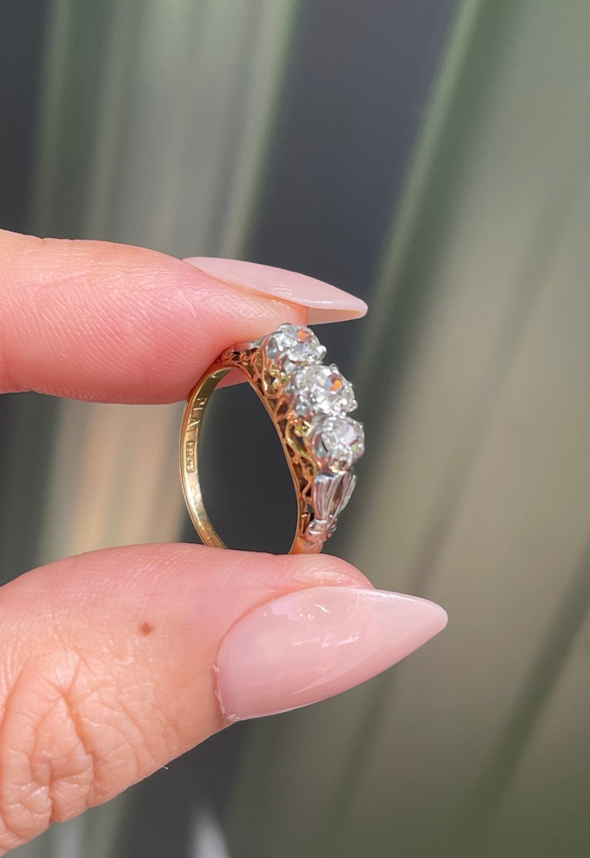 Antique 1ct Old Cut Diamond Trilogy Ring In 18ct Yellow Gold & Platinum Mount