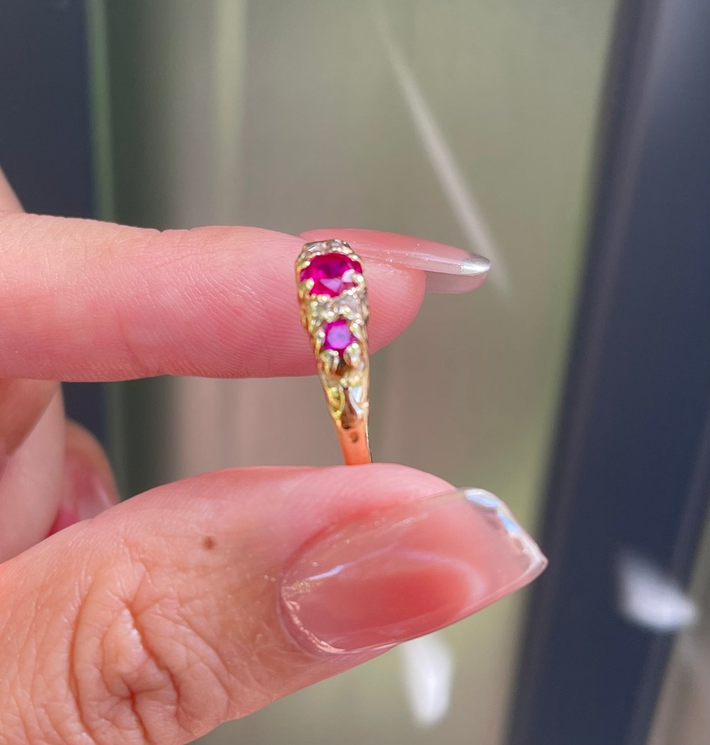 Vintage Handmade Pink Ruby & Antique Rose Cut Diamond Ring in 18ct Yellow Gold