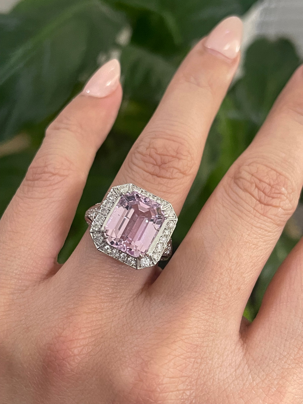 Art Deco Style 7.71ct Natural Kunzanite 1.25ct Natural Diamond Ring In 14ct White Gold