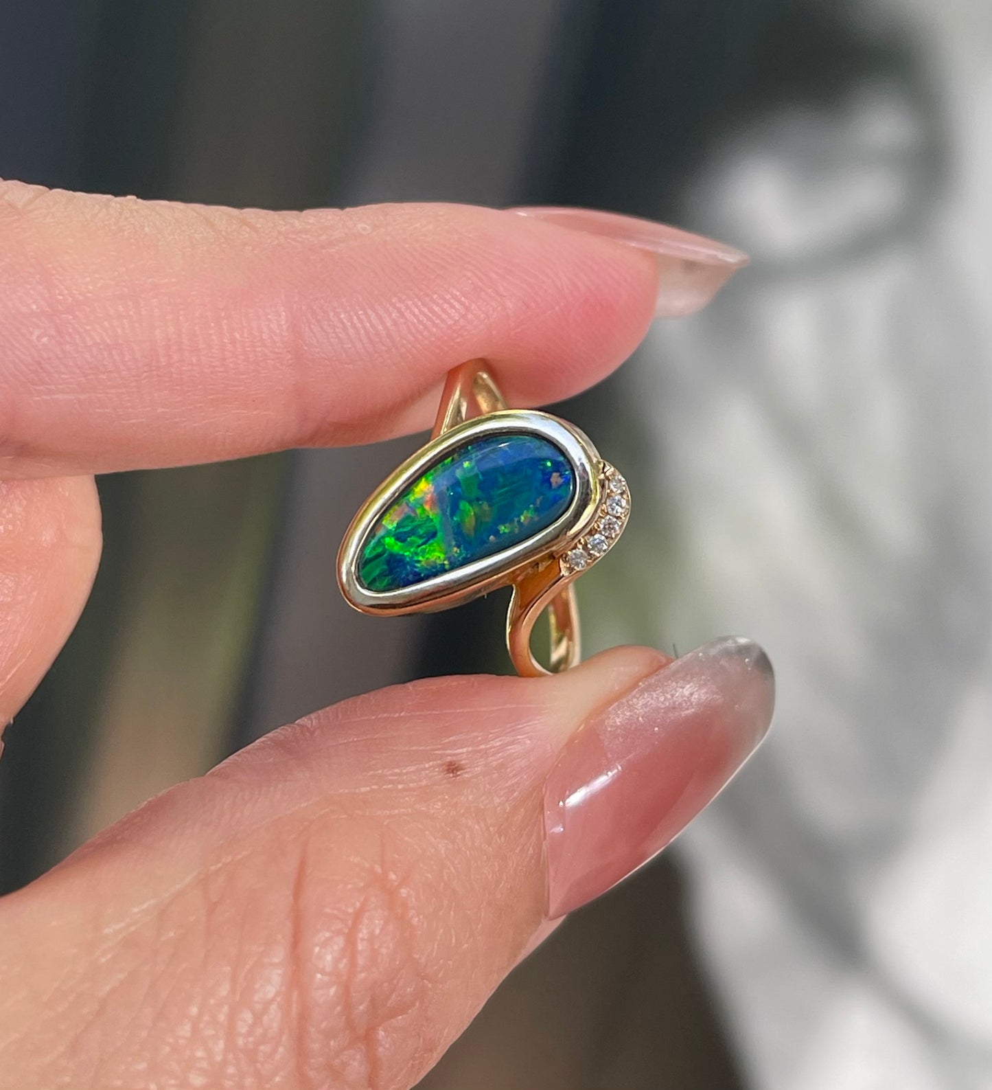 Vintage 1.8ct Natural Solid Australian Boulder Opal Diamond Ring In 14ct Yellow Gold