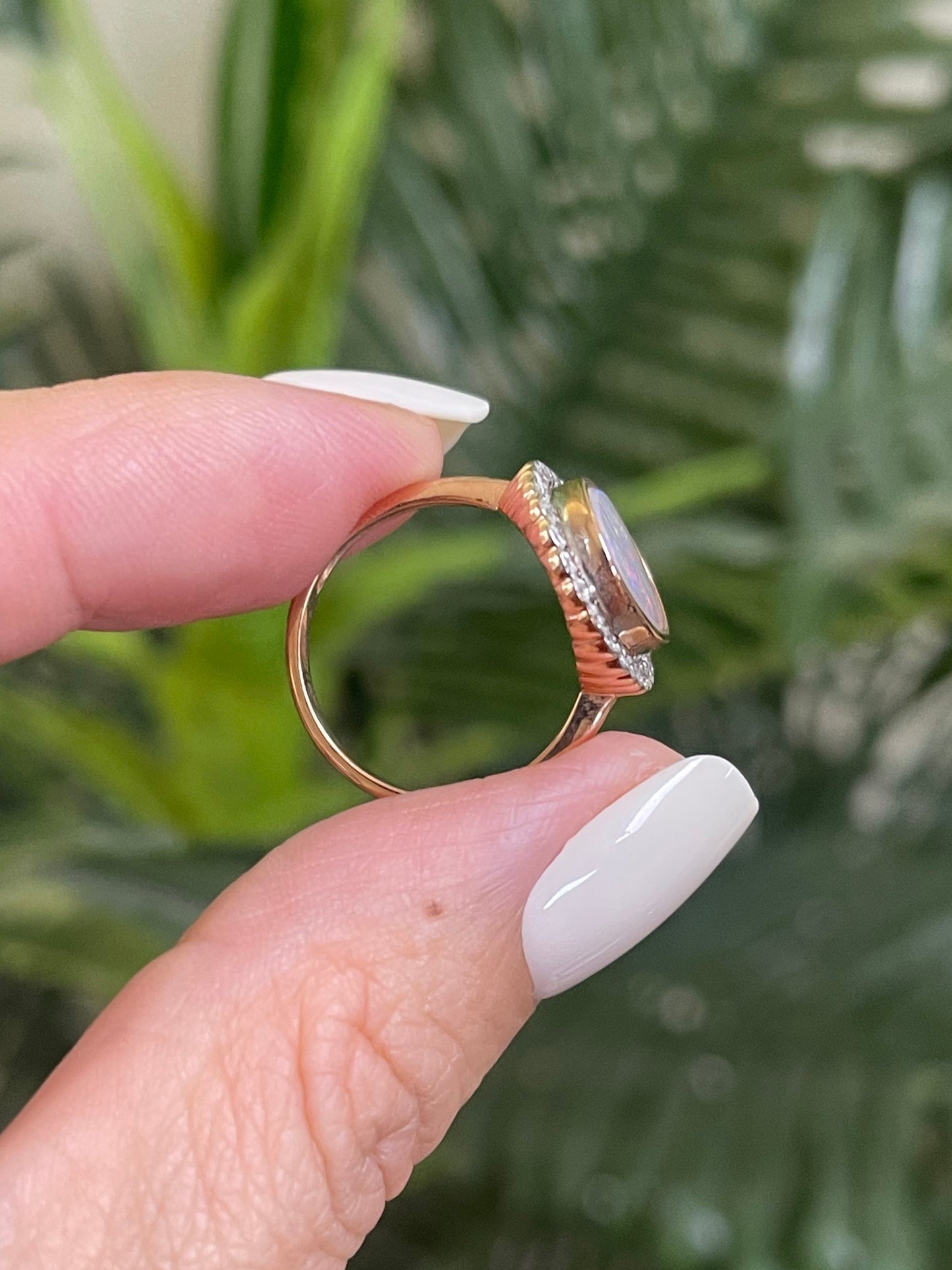 Natural Solid Australian Andamooka Opal & Diamond Ring In 14ct Rose & White Gold