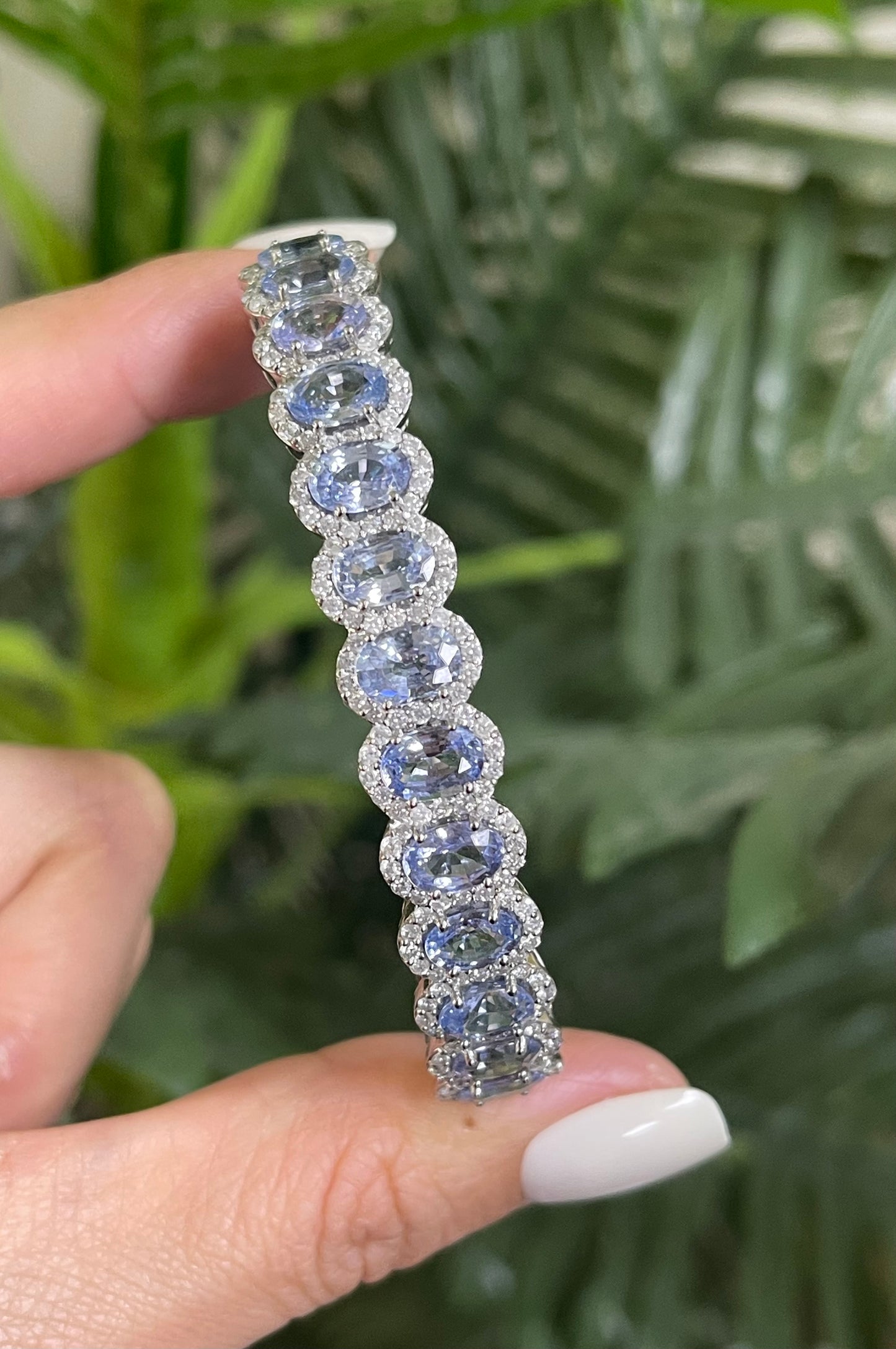 12.40ct Natural Ceylon Sapphire & 2.17ct Diamond Halo Bangle In 18ct White Gold