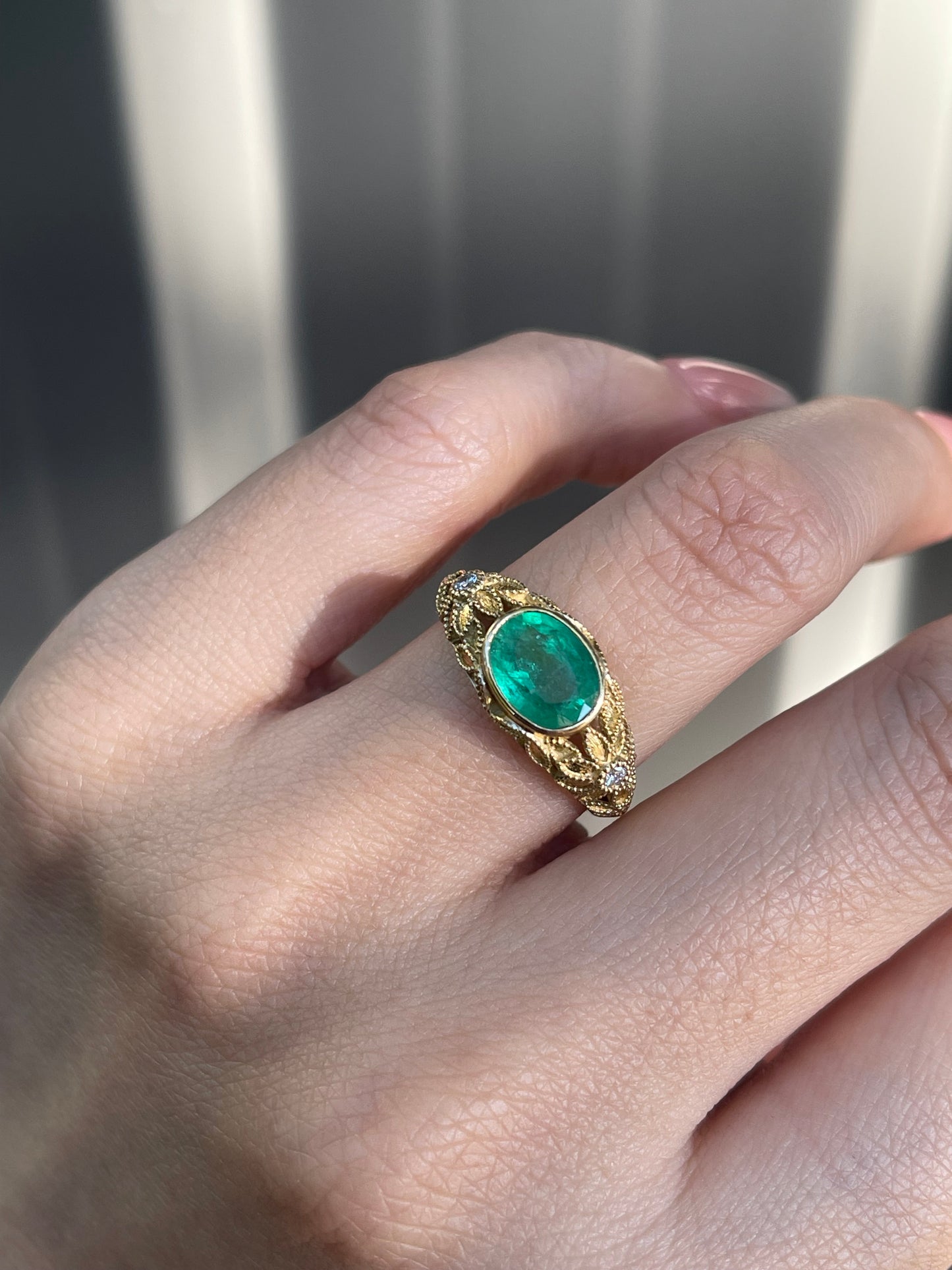 Victorian Inspired 1.35ct Emerald Filigree Ring with diamonds In 9ct Yellow Gold
