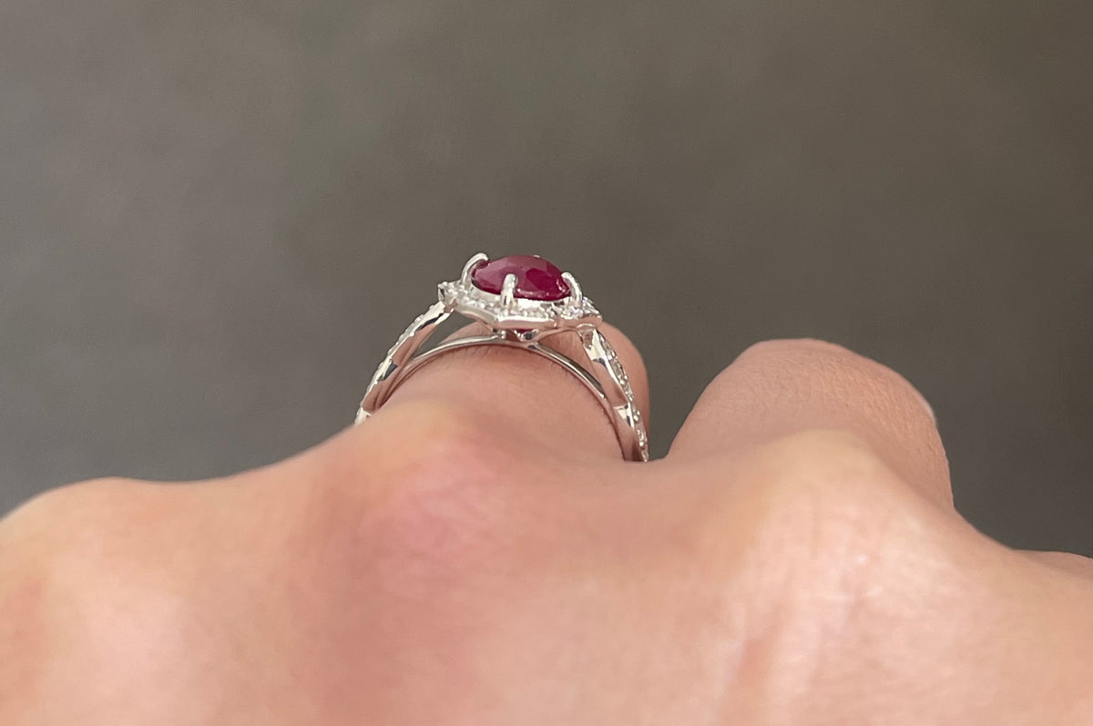 Art Deco Inspired Natural Ruby Diamond Ring In 14ct White Gold