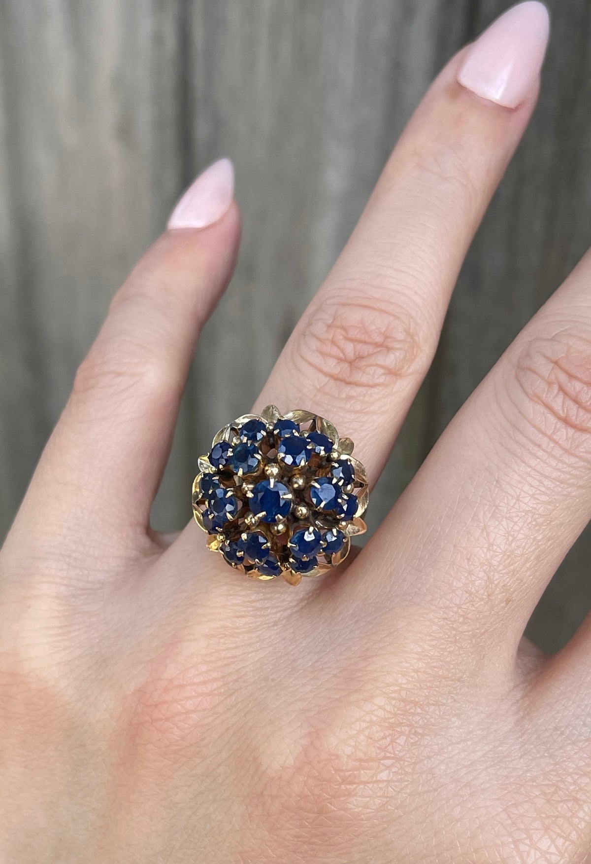 Vintage Triple Halo Natural Blue Sapphire Cluster Ring in 10ct Yellow Gold