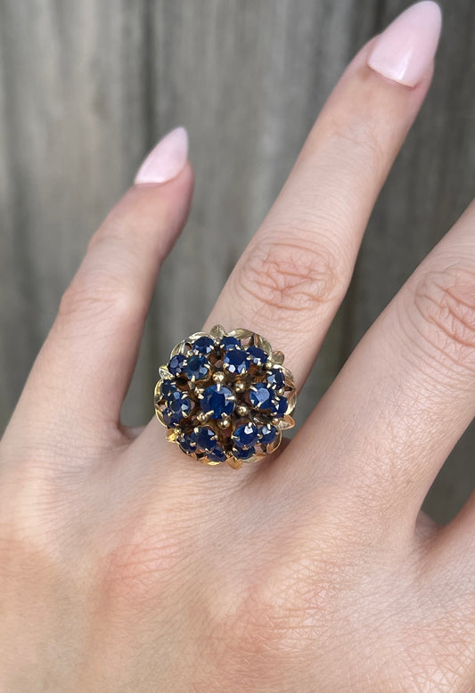 Vintage Triple Halo Natural Blue Sapphire Cluster Ring in 10ct Yellow Gold