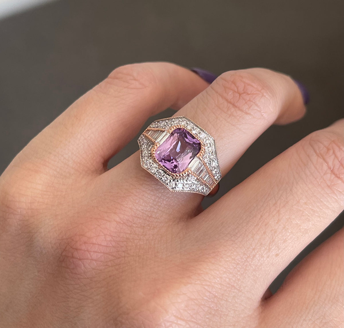 Art Deco Style Natural Pink Ceylon Sapphire Diamond Ring In 14ct Rose Gold