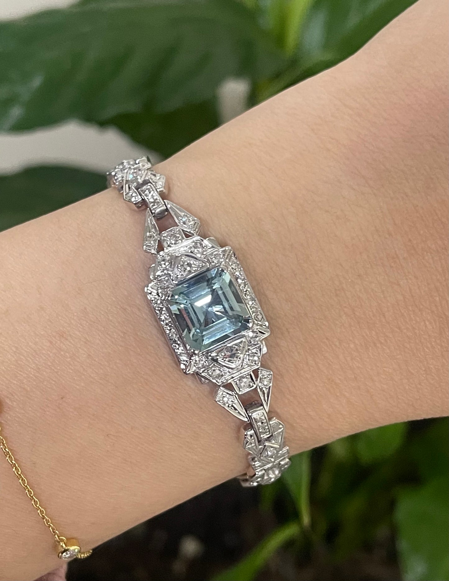One Of A Kind Antique Conversion 3.75ct Natural aquamarine Diamond Bracelet In 14ct White Gold