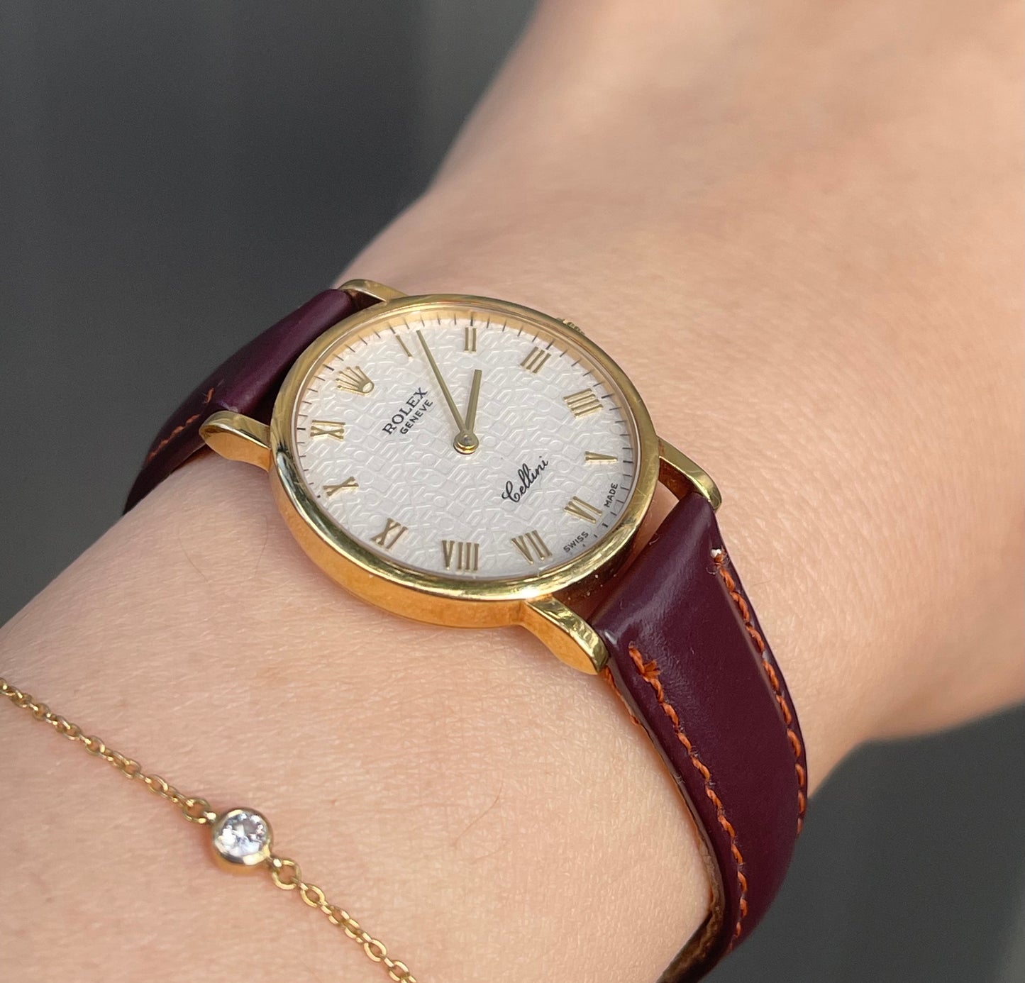 Authentic Vintage Ladies Rolex Cellini Watch 18ct Yellow Gold - Burgundy leather strap