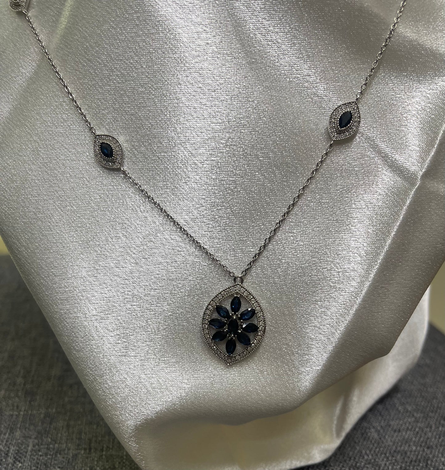 Natural Sapphire & Diamond Necklace  In 14ct White Gold