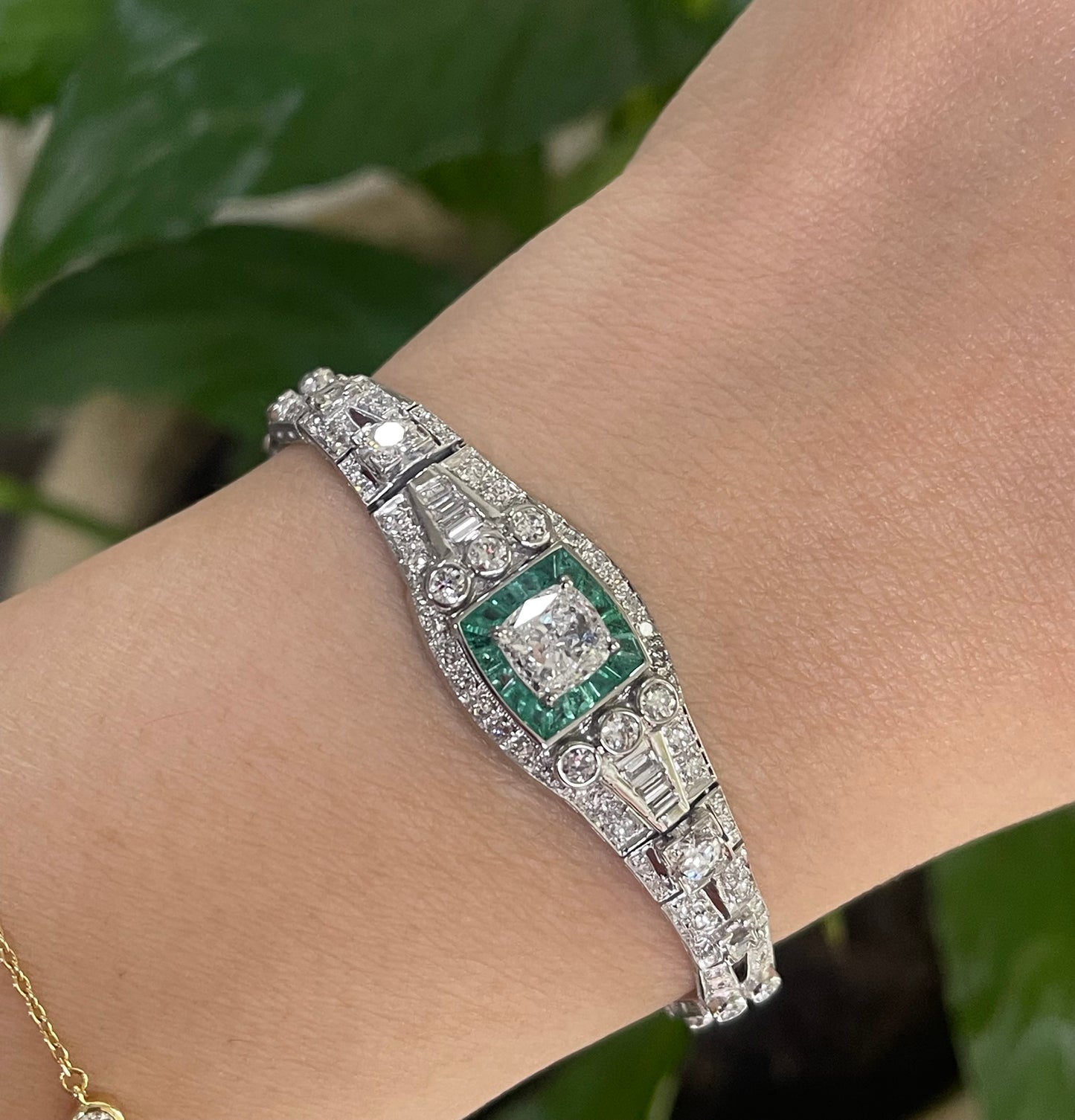 One Of A Kind Antique Conversion 4.5ct Natural Mix Cut Diamond & Emerald Bracelet In 950 Platinum