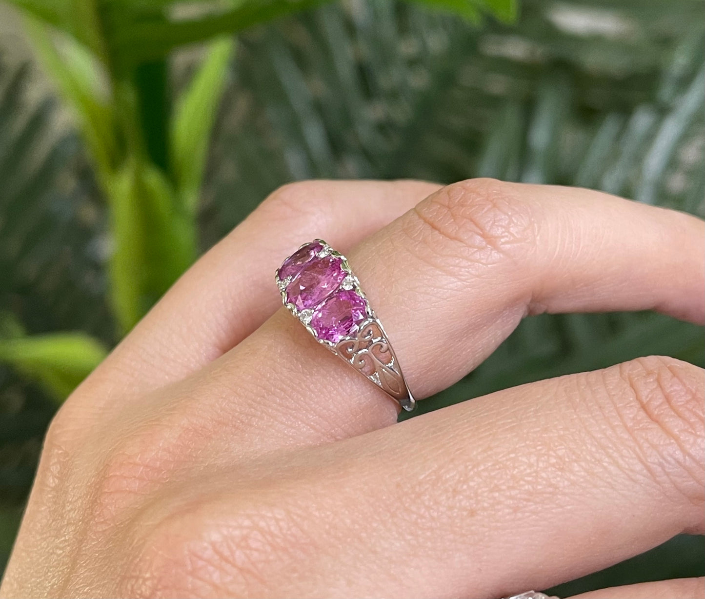 2.62ct Pink Sapphire Diamond Trilogy Ring In 14ct White Gold