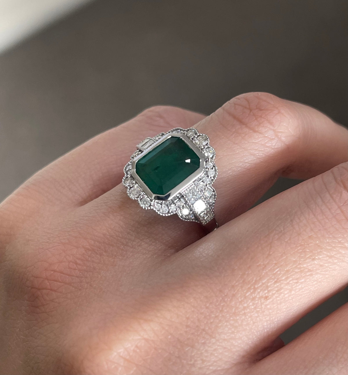 Art Deco Style Natural Emerald Diamond Ring In 14ct White Gold