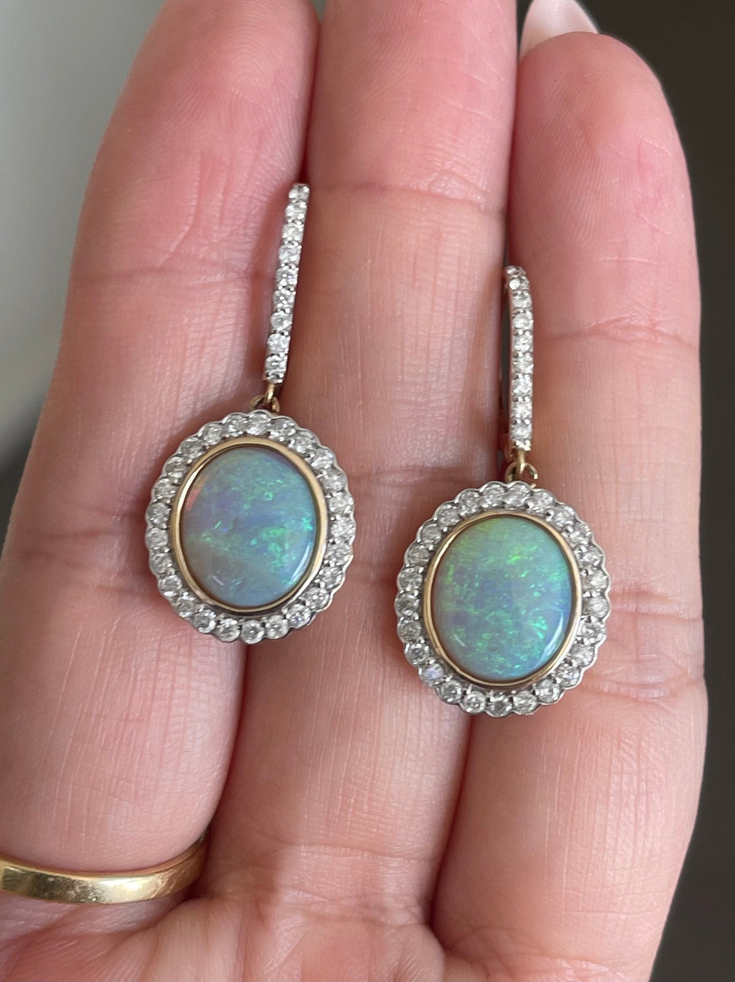 Natural Solid Coober Pedy Opal Diamond Drop Earrings In 14ct Yellow Gold