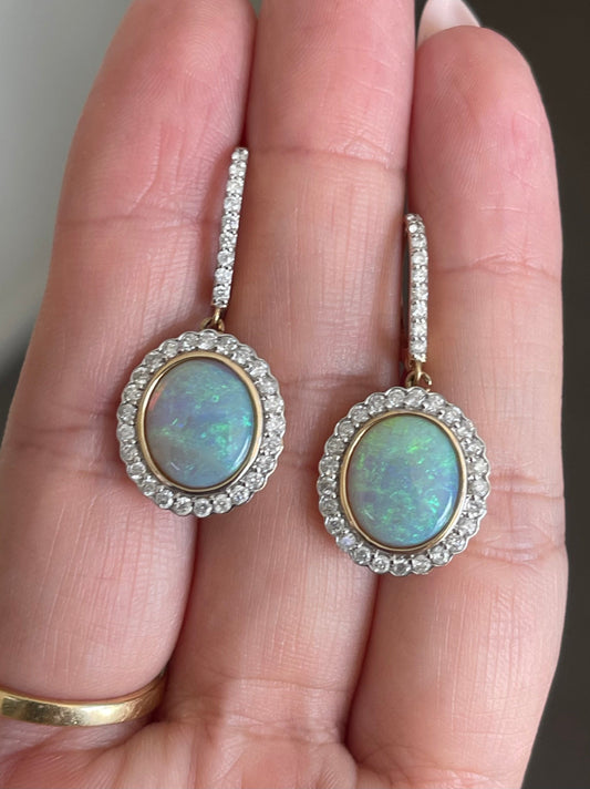 Natural Solid Coober Pedy Opal Diamond Drop Earrings In 14ct Yellow Gold