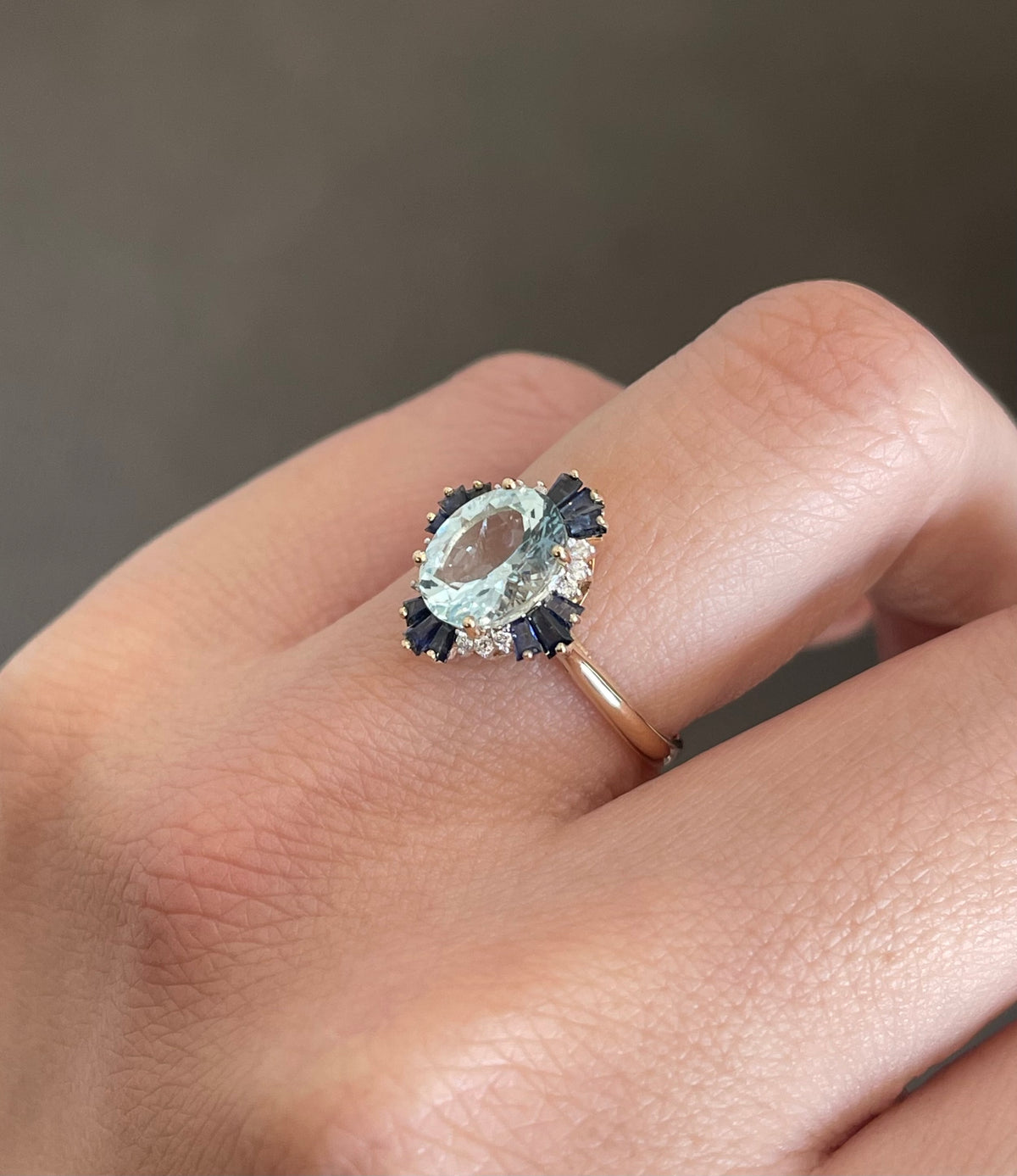Vintage Style Natural Aquamarine Blue Sapphire Diamond Ring In 14ct Yellow Gold