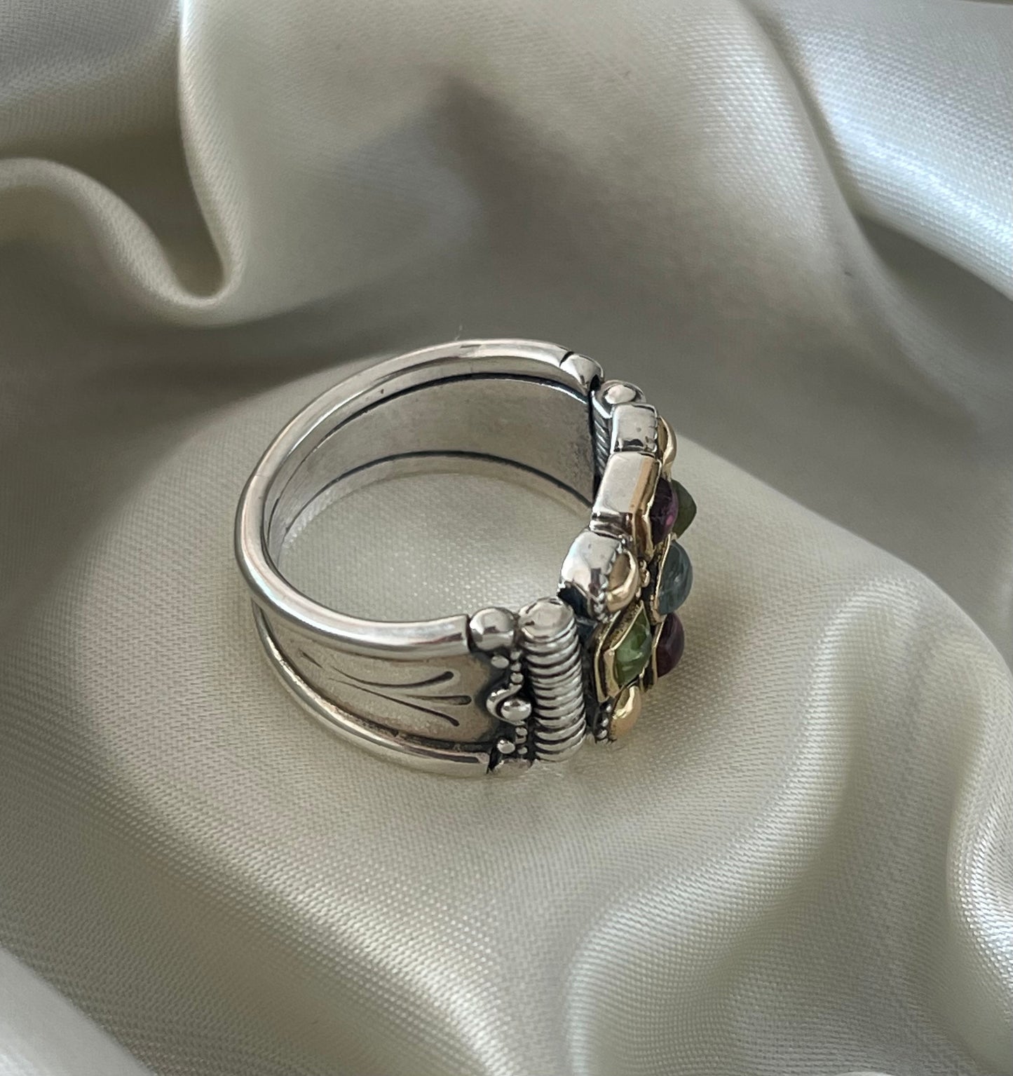 18ct yellow gold & sterling silver aquamarine & tourmaline wide band