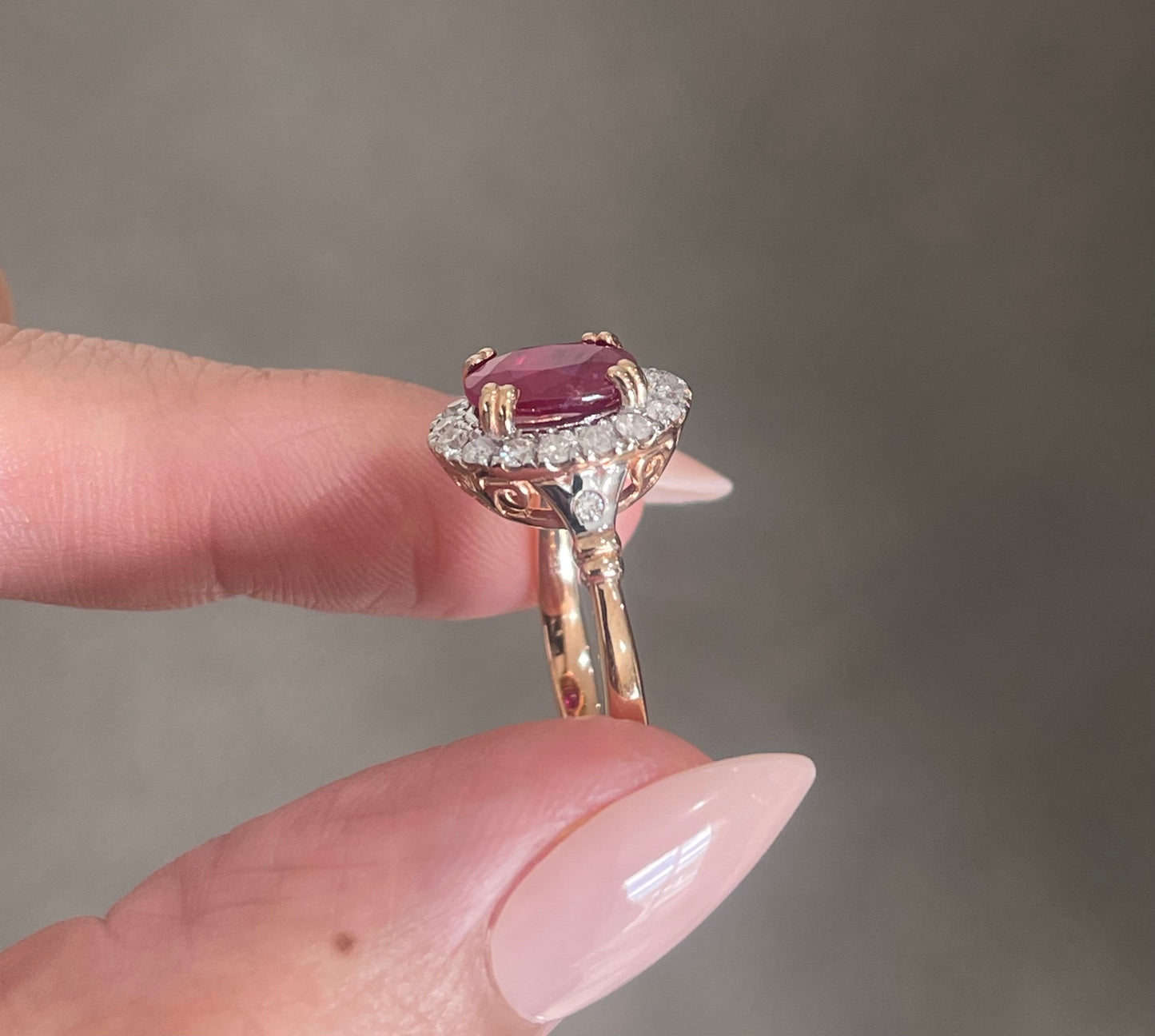 Vintage Style Natural Ruby Diamond Halo Ring in 14ct Rose Gold