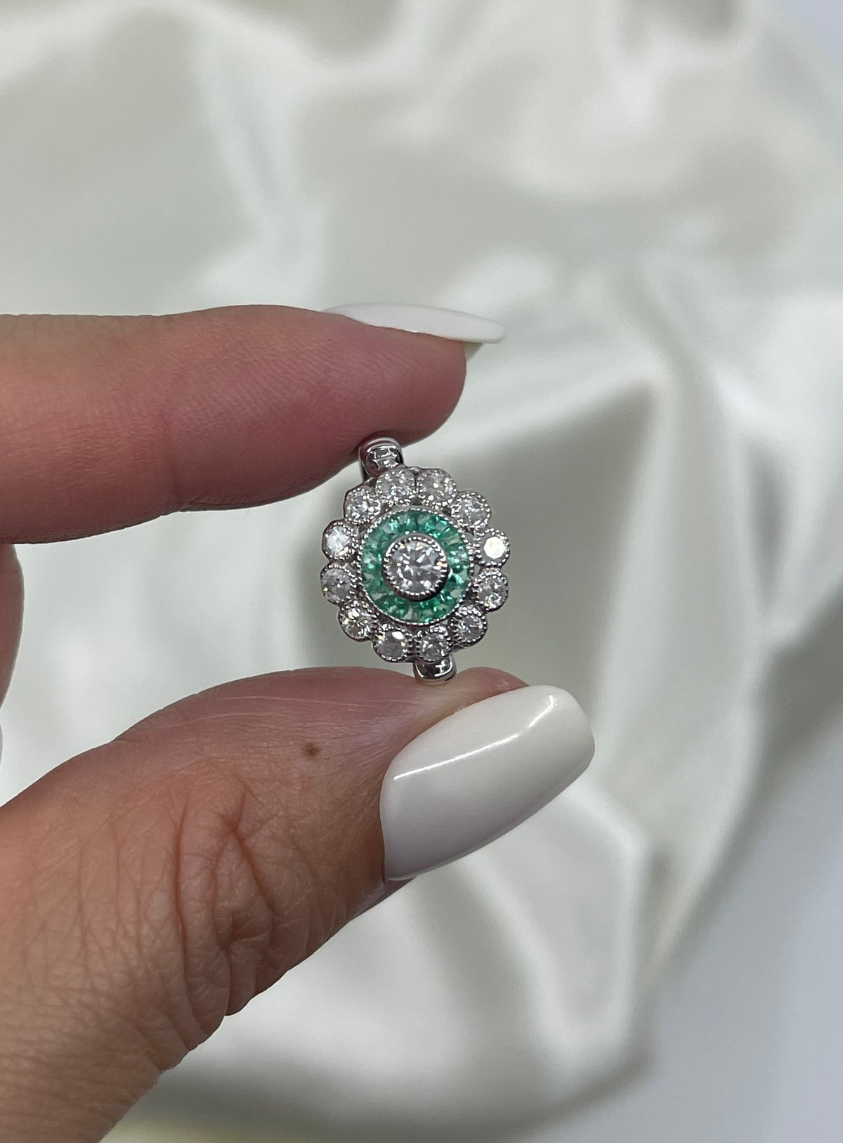 Art Deco Inspired Natural Diamond & Emerald Ring In 14ct White Gold