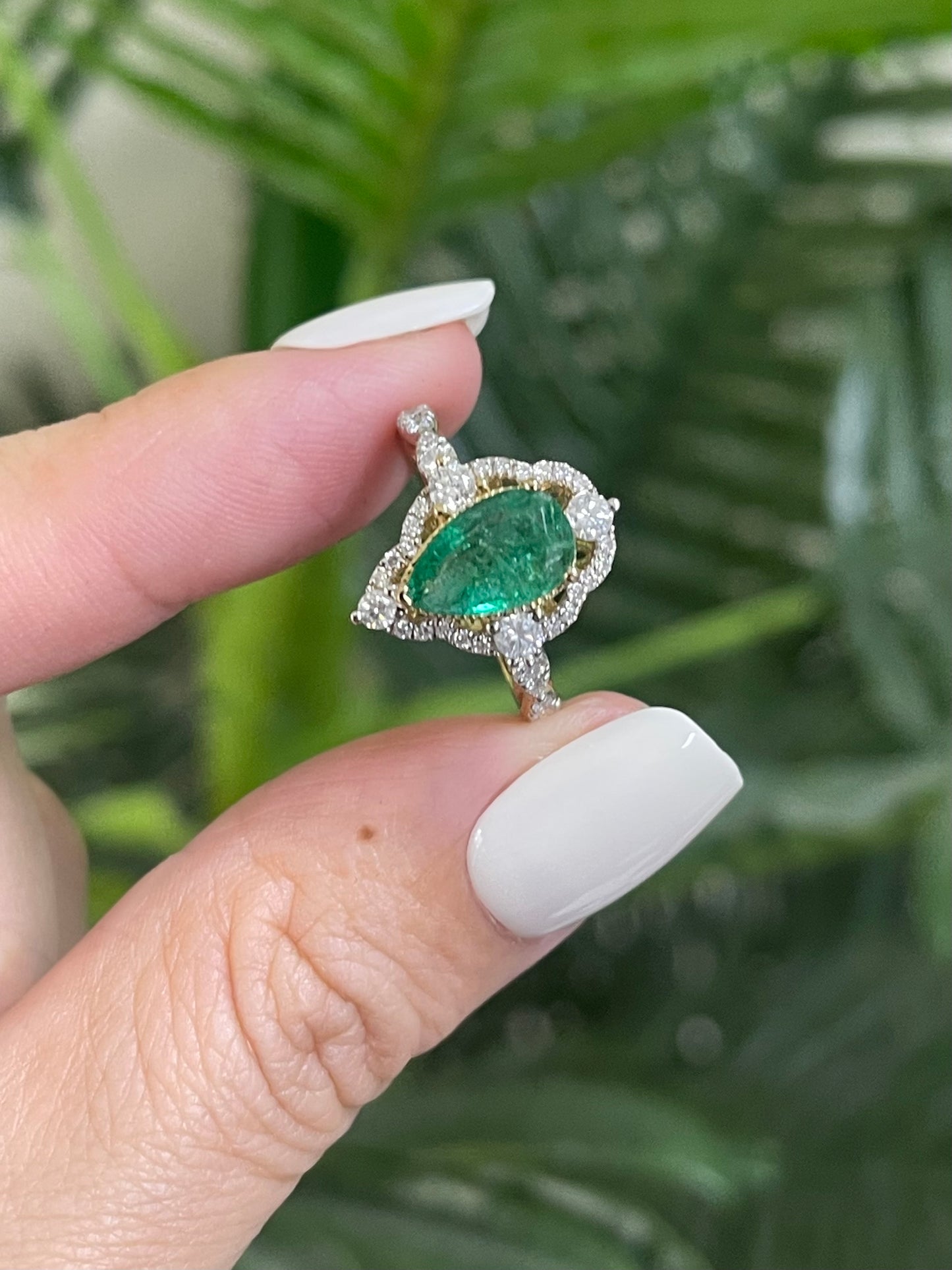 1.35ct Natural Pear Cut Emerald & Diamond Ring In 14ct Yellow Gold