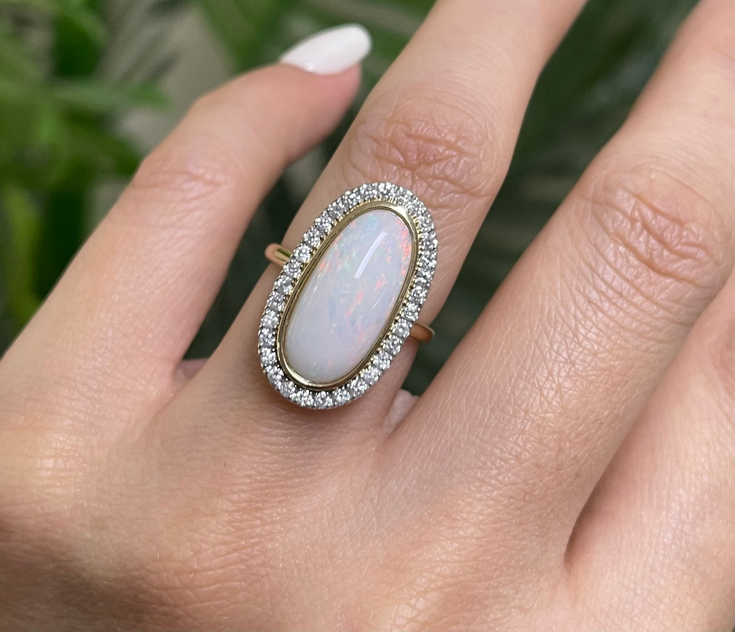 Natural Solid Australian Coober Pedy Crystal Opal & Diamond Halo Ring In 14ct Yellow Gold
