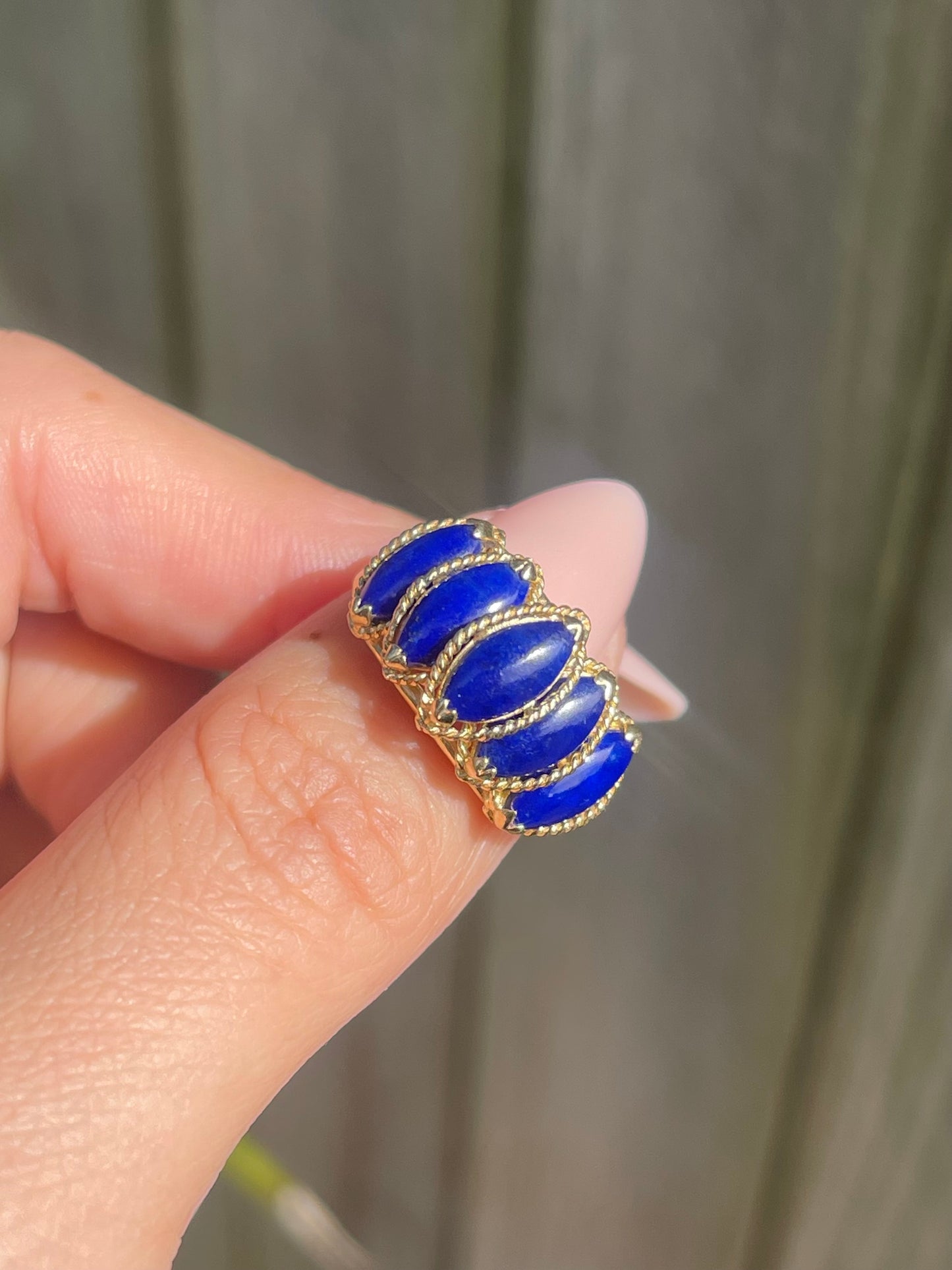 Vintage 5 Stone Marquise Cut Lapis Ring In 14ct Yellow Gold
