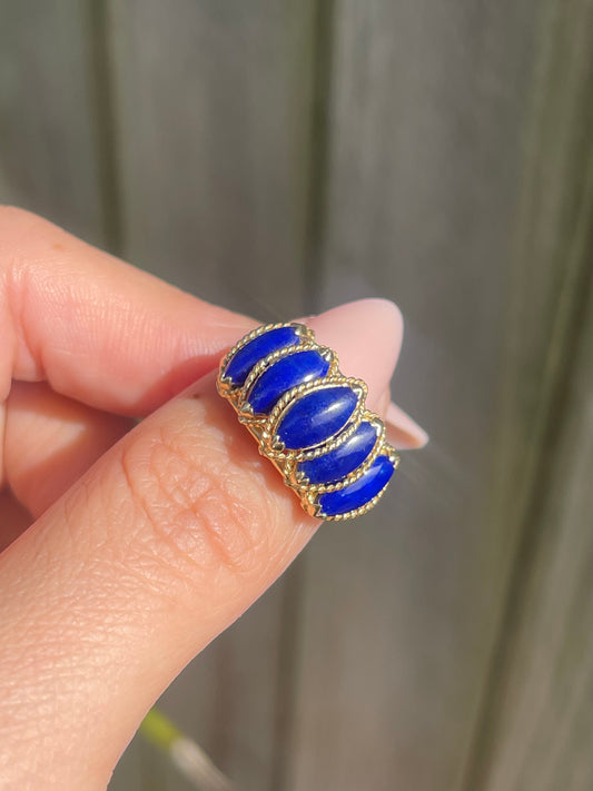 Vintage 5 Stone Marquise Cut Natural Lapis Ring In 14ct Yellow Gold
