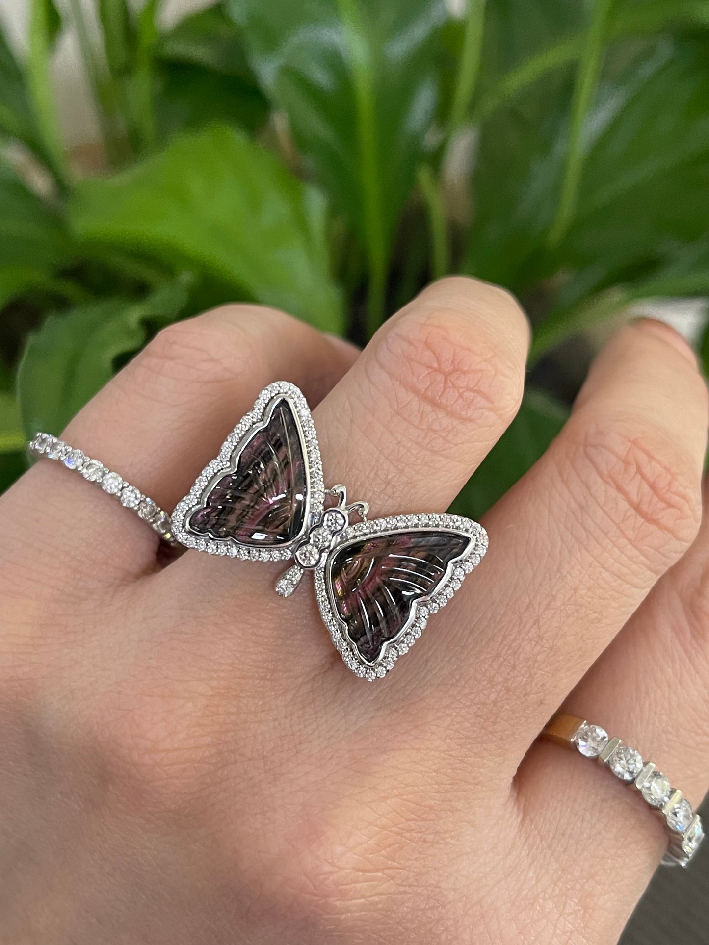 Papillon d’Art – Hand-Carved Natural Tourmaline & Diamond Butterfly Ring in 14ct White Gold