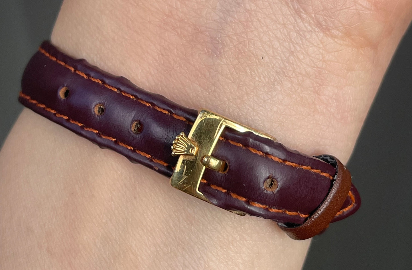 Authentic Vintage Ladies Rolex Cellini Watch 18ct Yellow Gold - Burgundy leather strap