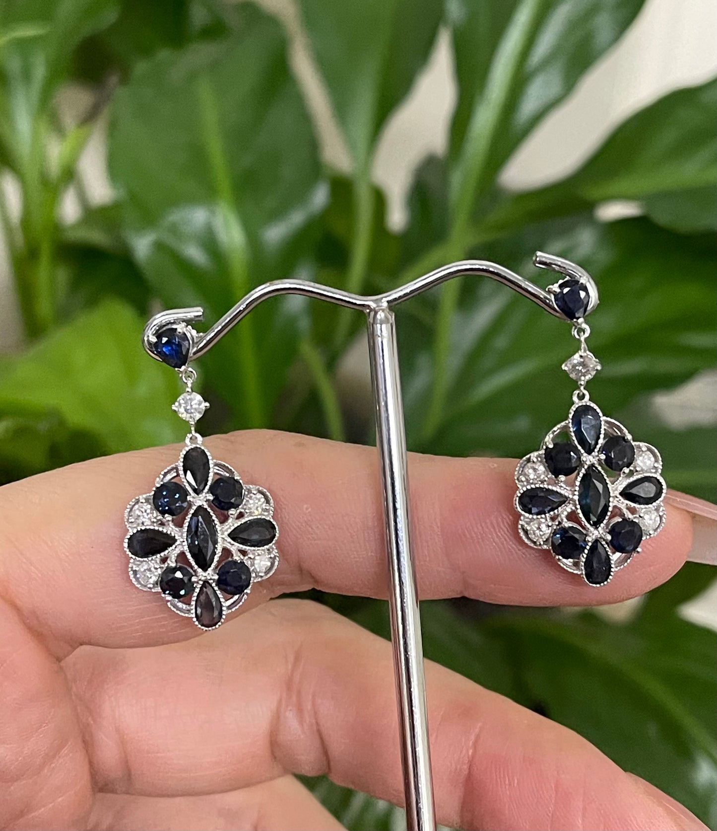 Art Deco Style 4.07ct Natural Sapphire & Diamond Drop Earrings In 14ct White Gold