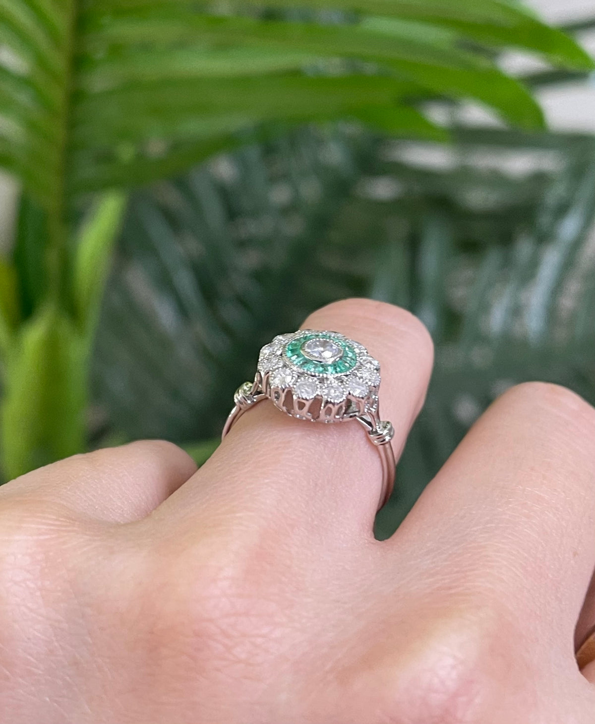 Art Deco Inspired Natural Diamond & Emerald Ring In 14ct White Gold