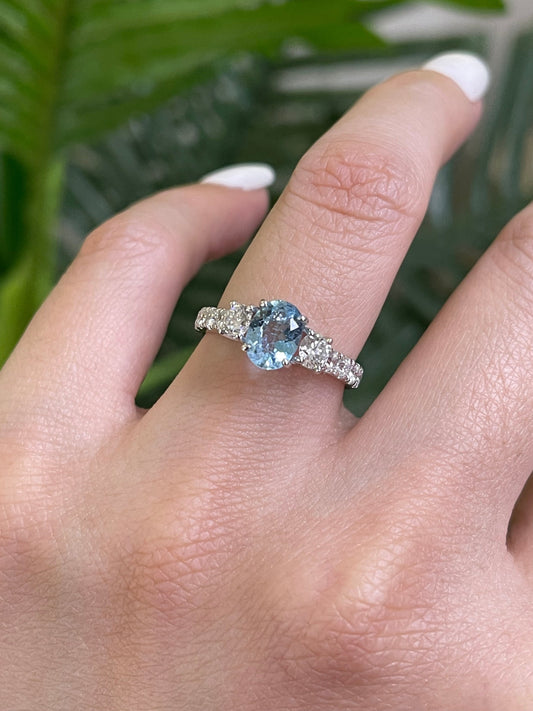 Natural Aquamarine & Diamond Ring In 14ct White Gold