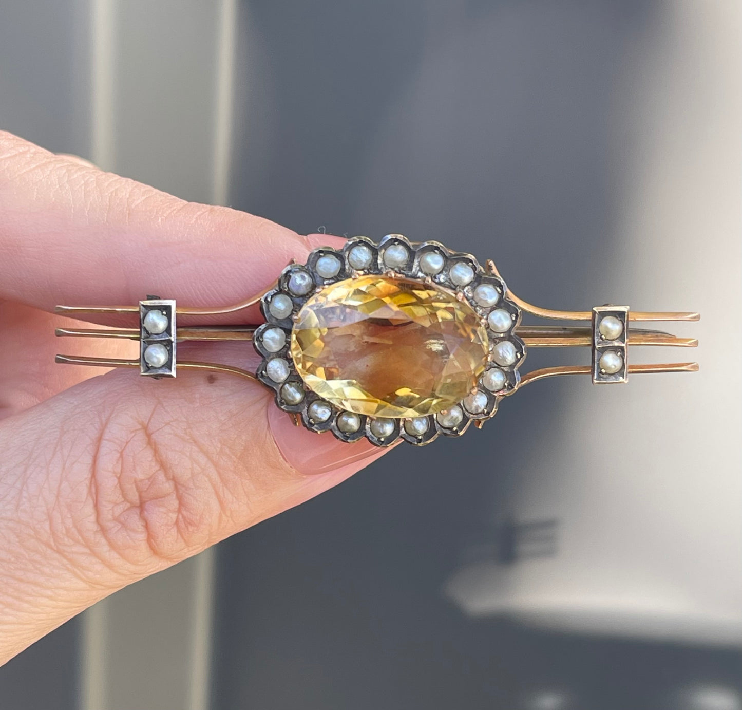 Antique Edwardian Citrine Seed Pearl Brooch In 9ct Yellow Gold