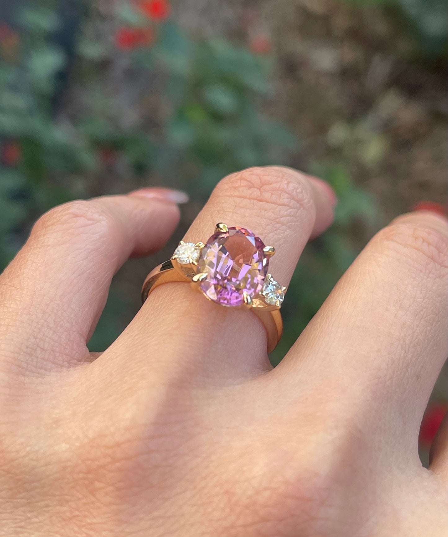 S.E. Custom 3.7ct Pink Tourmaline Diamond Trilogy Ring In 14ct Yellow Gold