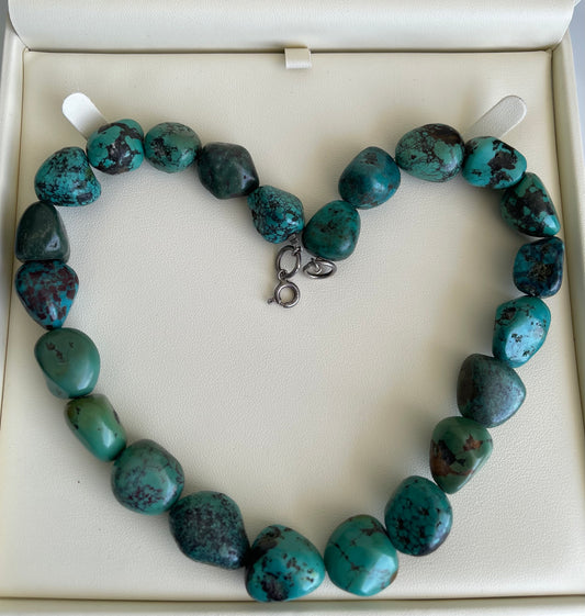 Vintage all natural large turquoise bead necklace With 925 Sterling Silver Clasp
