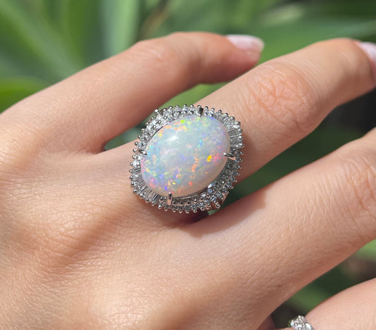 6.5ct Australian Solid Opal & Diamond Ring in 900 Platinum – Rare Harlequin Pattern with Fiery Red Flash
