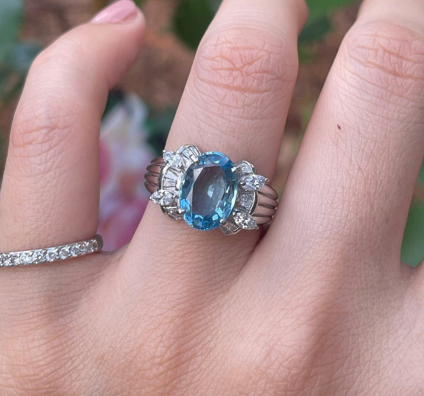 Heavy 900 platinum 2.8ct natural aquamarine diamond ring