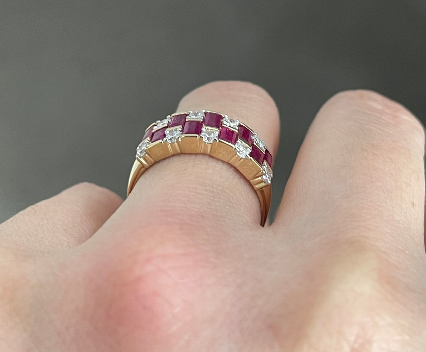 Natural Ruby Diamond Geometric Ring In 14ct Yellow Gold