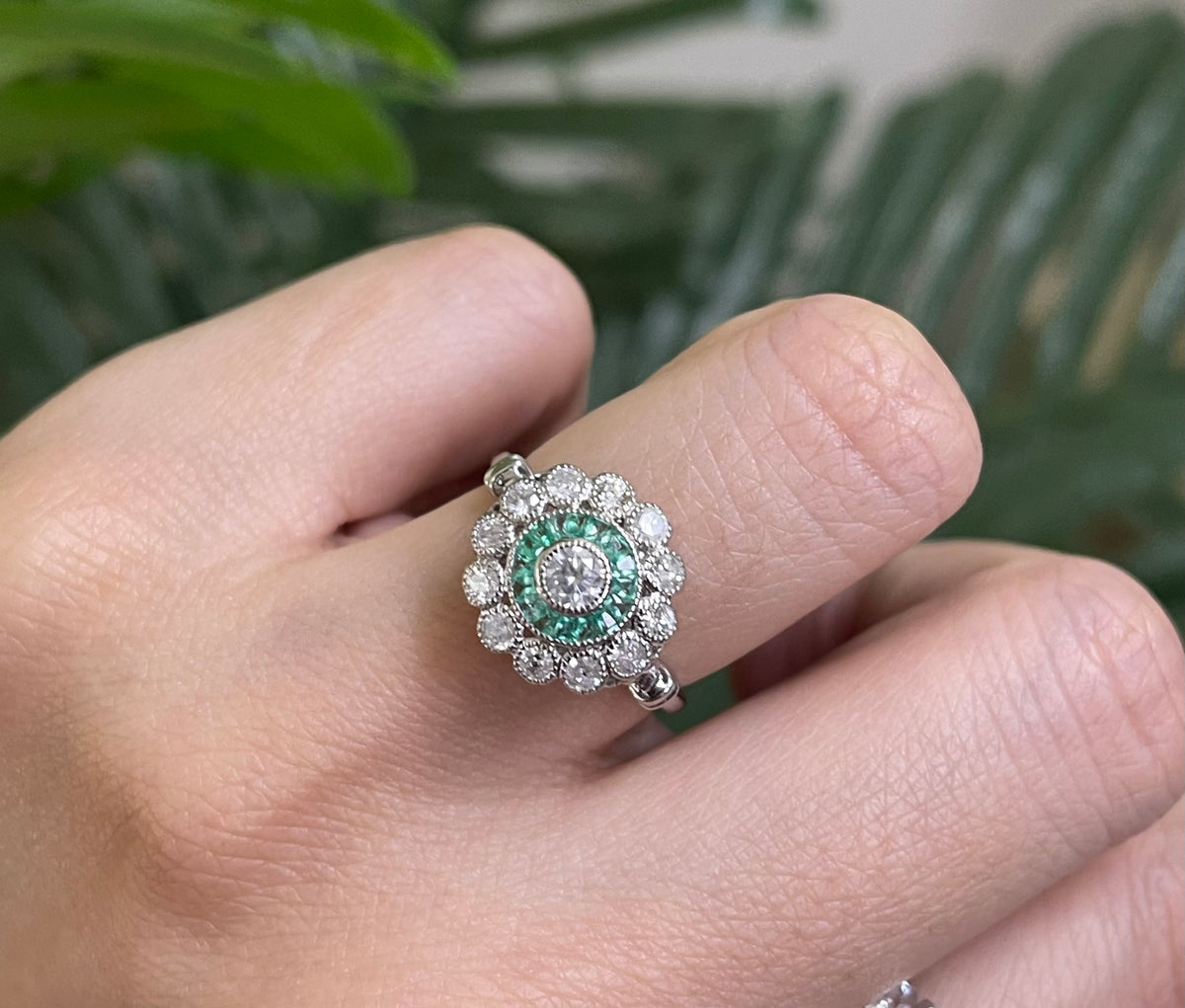 Art Deco Inspired Natural Diamond & Emerald Ring In 14ct White Gold