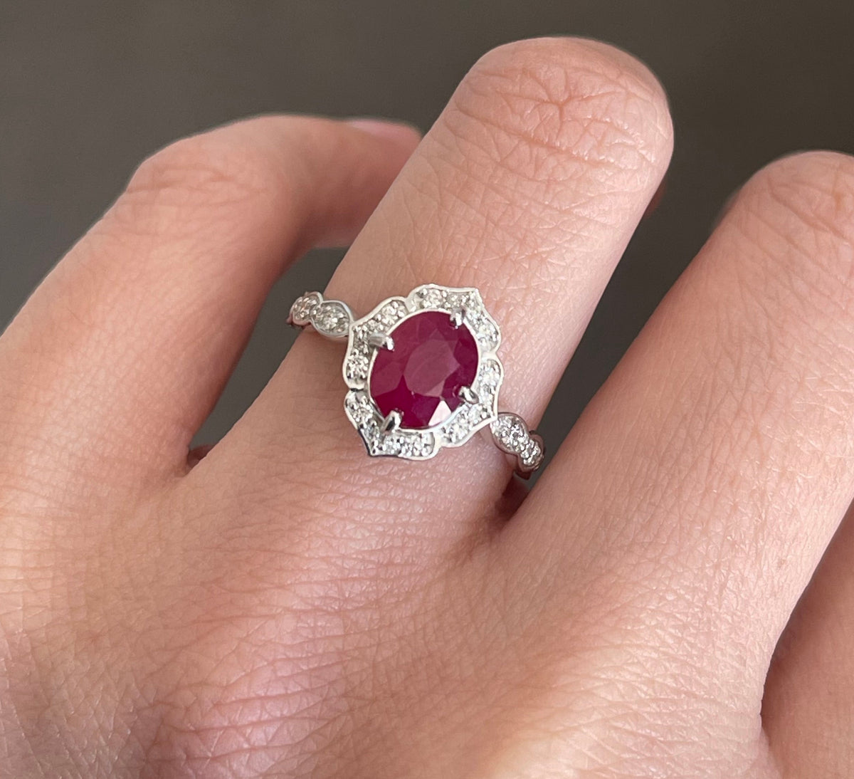Art Deco Inspired Natural Ruby Diamond Ring In 14ct White Gold