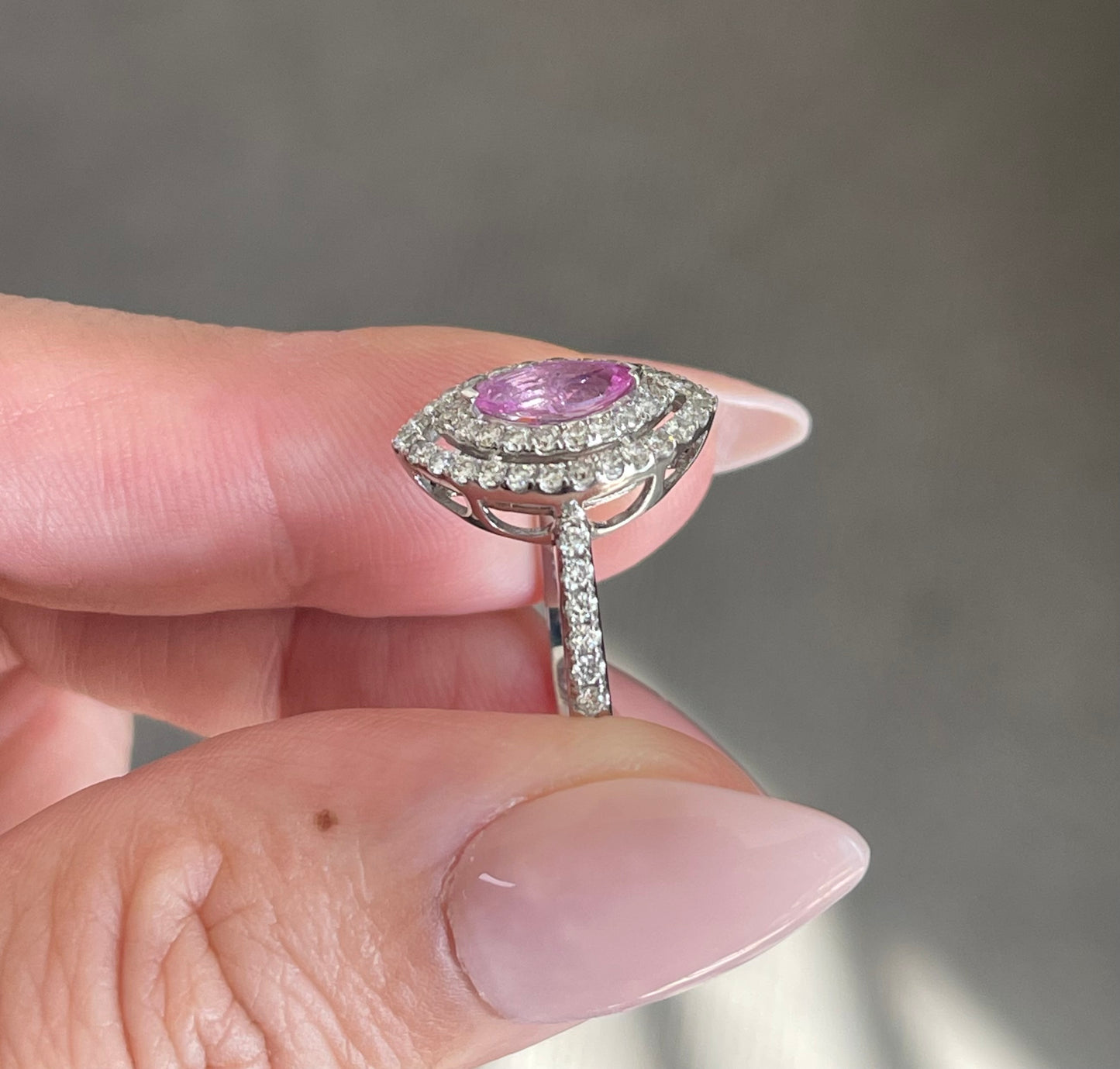 Natural Pink Sapphire Diamond Double Halo Ring In 14ct White Gold